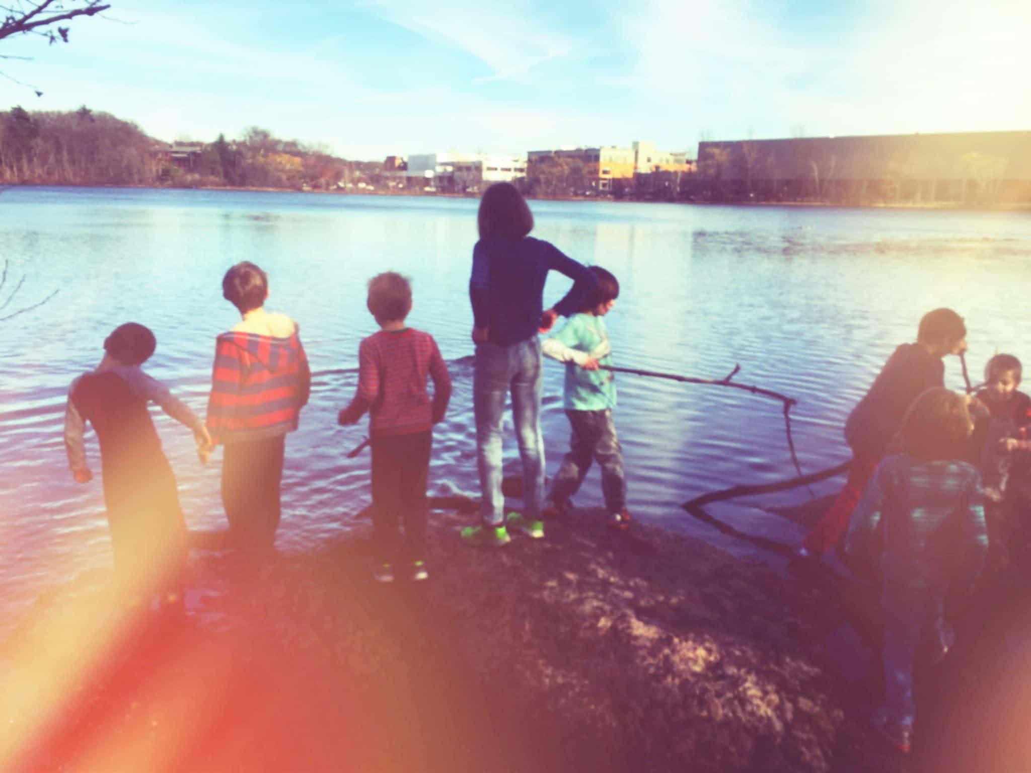 children looking at water