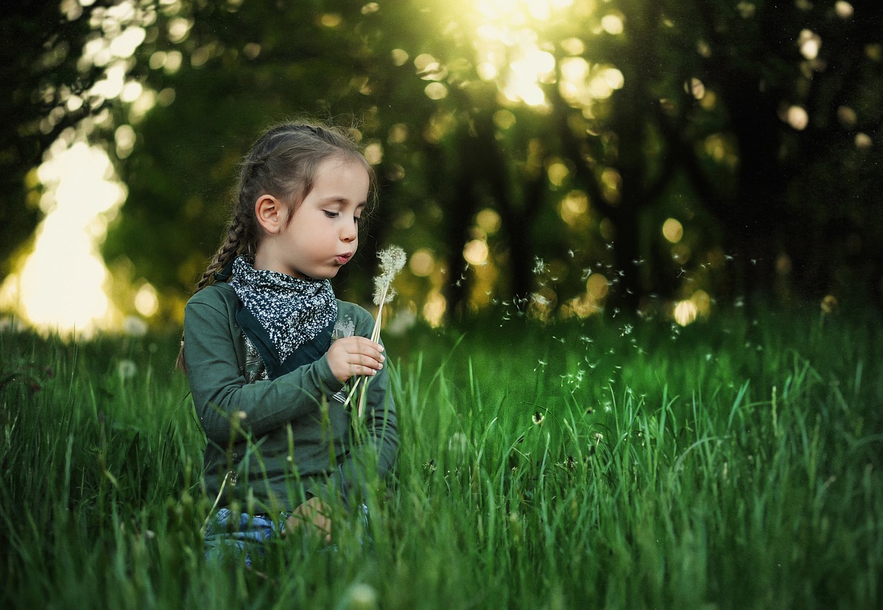 child blowing dandelion outside